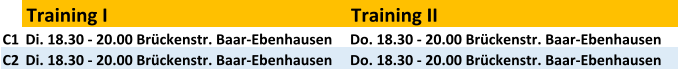 Training I Training II C1 Di. 18.30 - 20.00 Brckenstr. Baar-Ebenhausen Do. 18.30 - 20.00 Brckenstr. Baar-Ebenhausen C2 Di. 18.30 - 20.00 Brckenstr. Baar-Ebenhausen Do. 18.30 - 20.00 Brckenstr. Baar-Ebenhausen