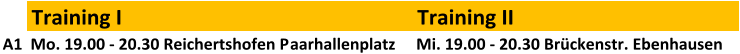 Training I Training II A1 Mo. 19.00 - 20.30 Reichertshofen Paarhallenplatz Mi. 19.00 - 20.30 Brckenstr. Ebenhausen